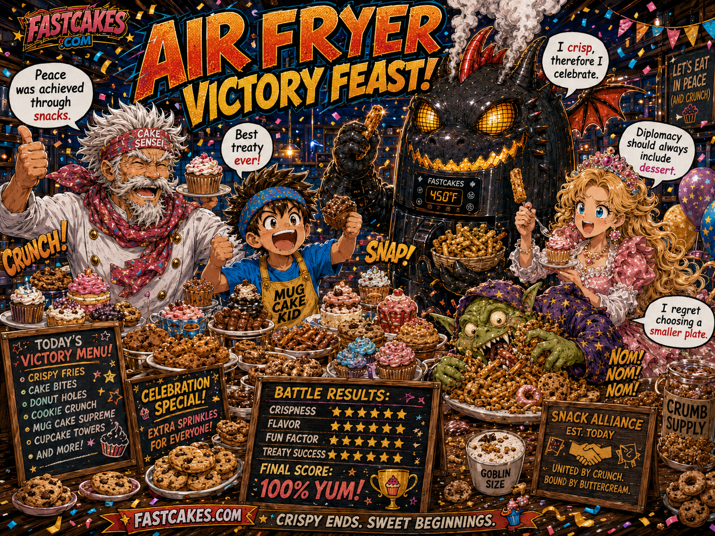 FastCakes air-fryer victory feast with funny dessert characters