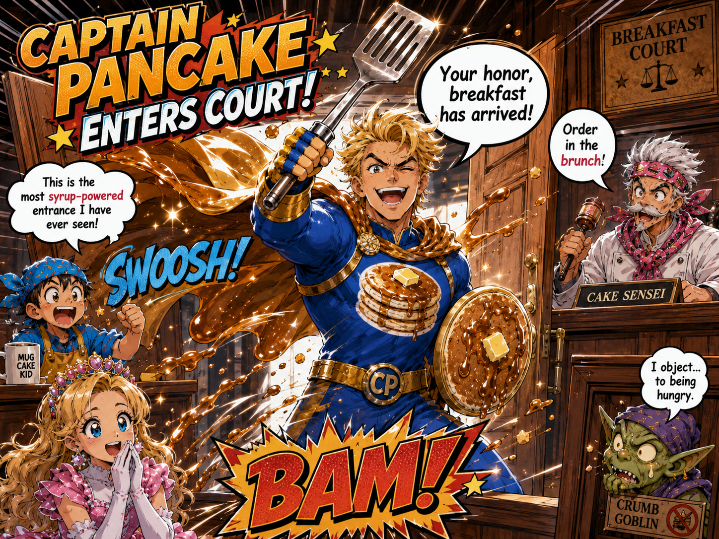 Captain Pancake entering court to argue that pancakes are cakes