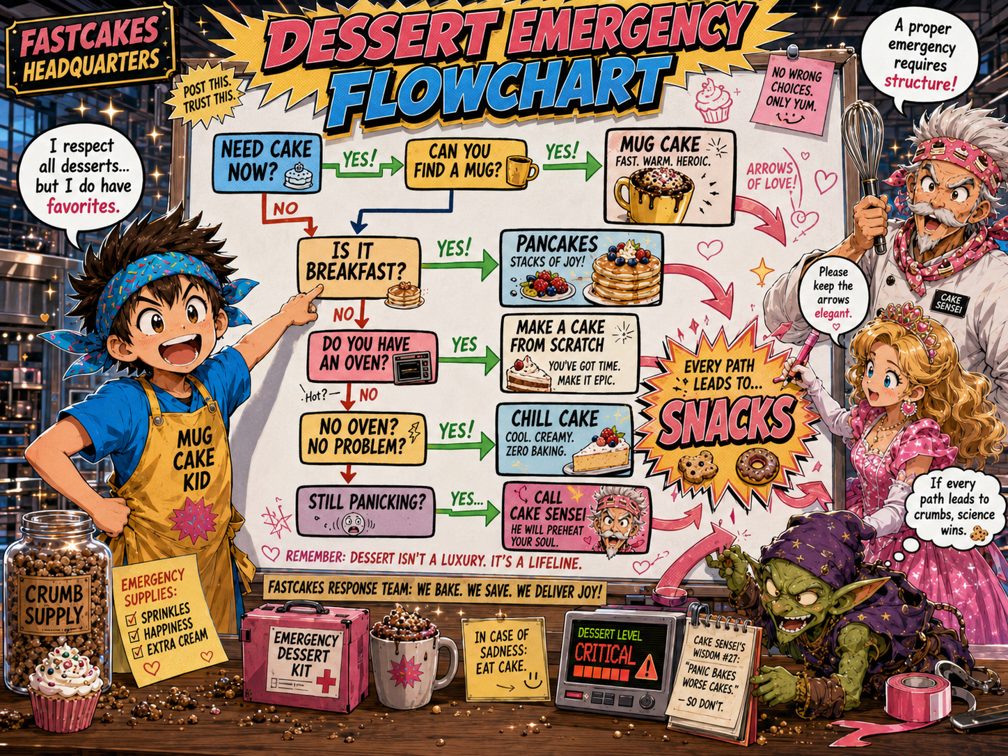 Funny dessert emergency flowchart showing when a Fast Cake is required