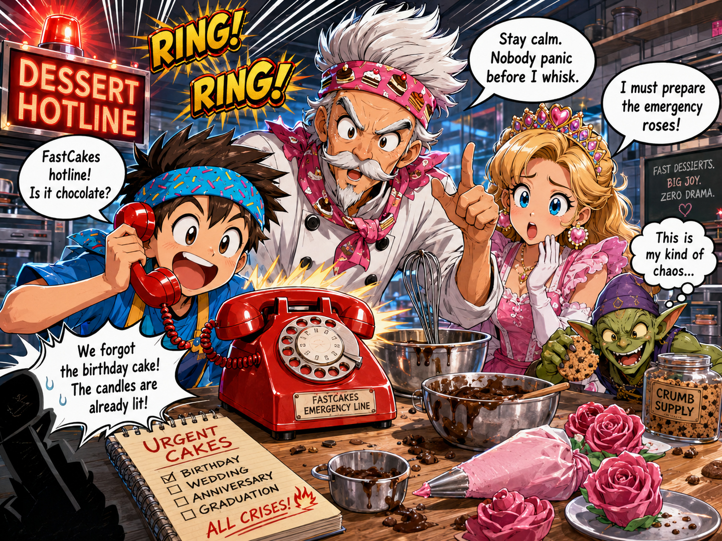 FastCakes dessert hotline ringing while Cake Sensei prepares for a cake emergency