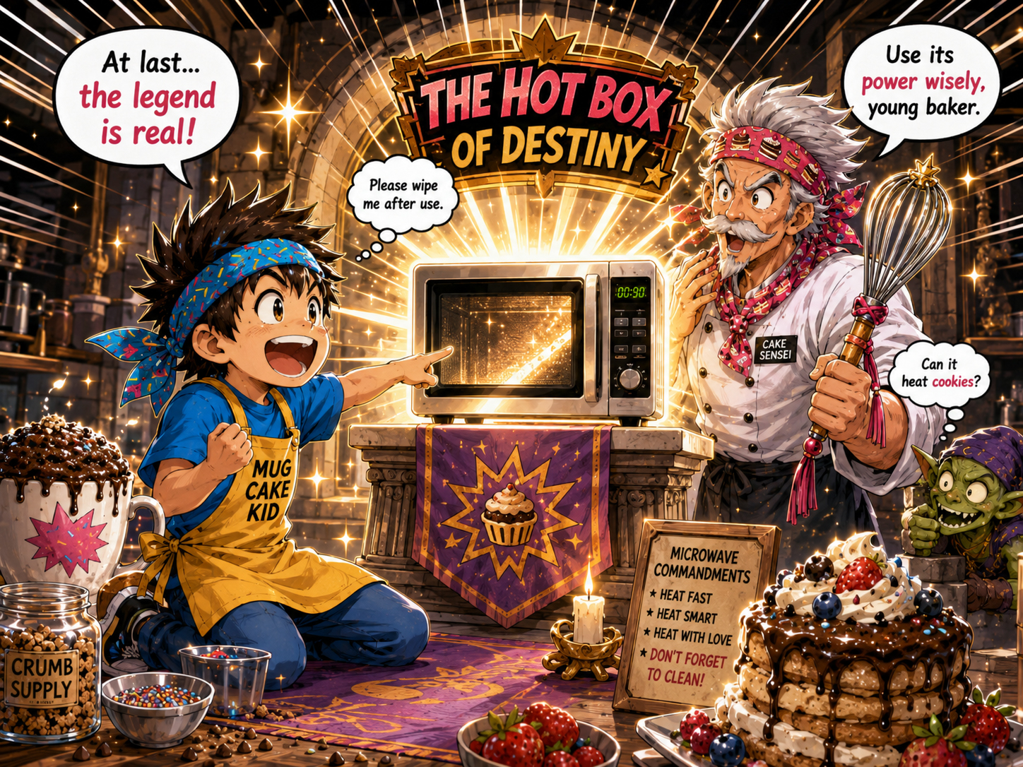 Mug Cake Kid discovering the microwave of destiny for a fast mug cake