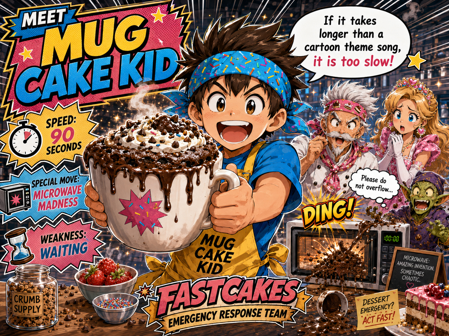 Mug Cake Kid ready for a ninety-second microwave dessert challenge