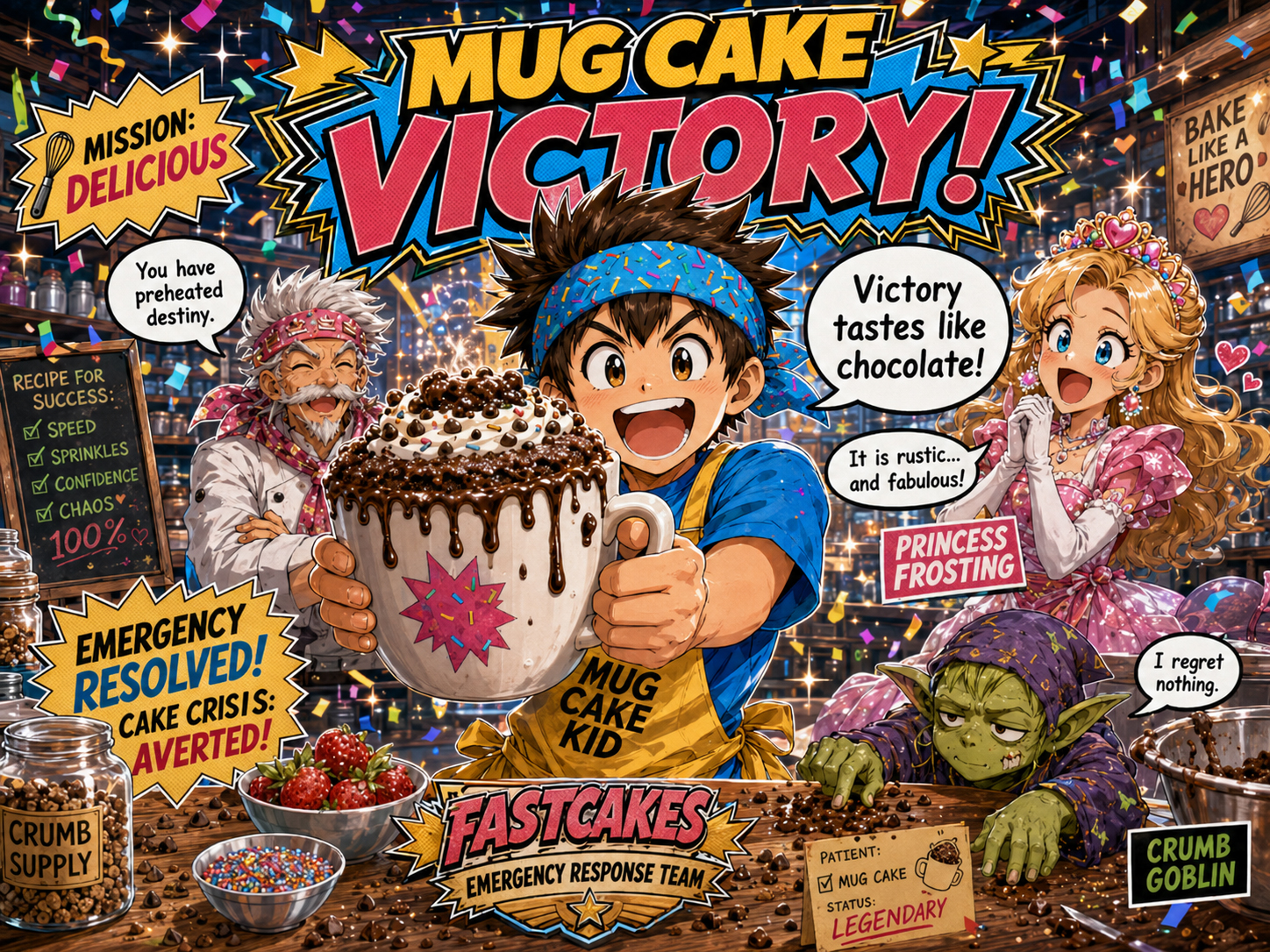 Mug Cake Kid celebrating a successful mug cake