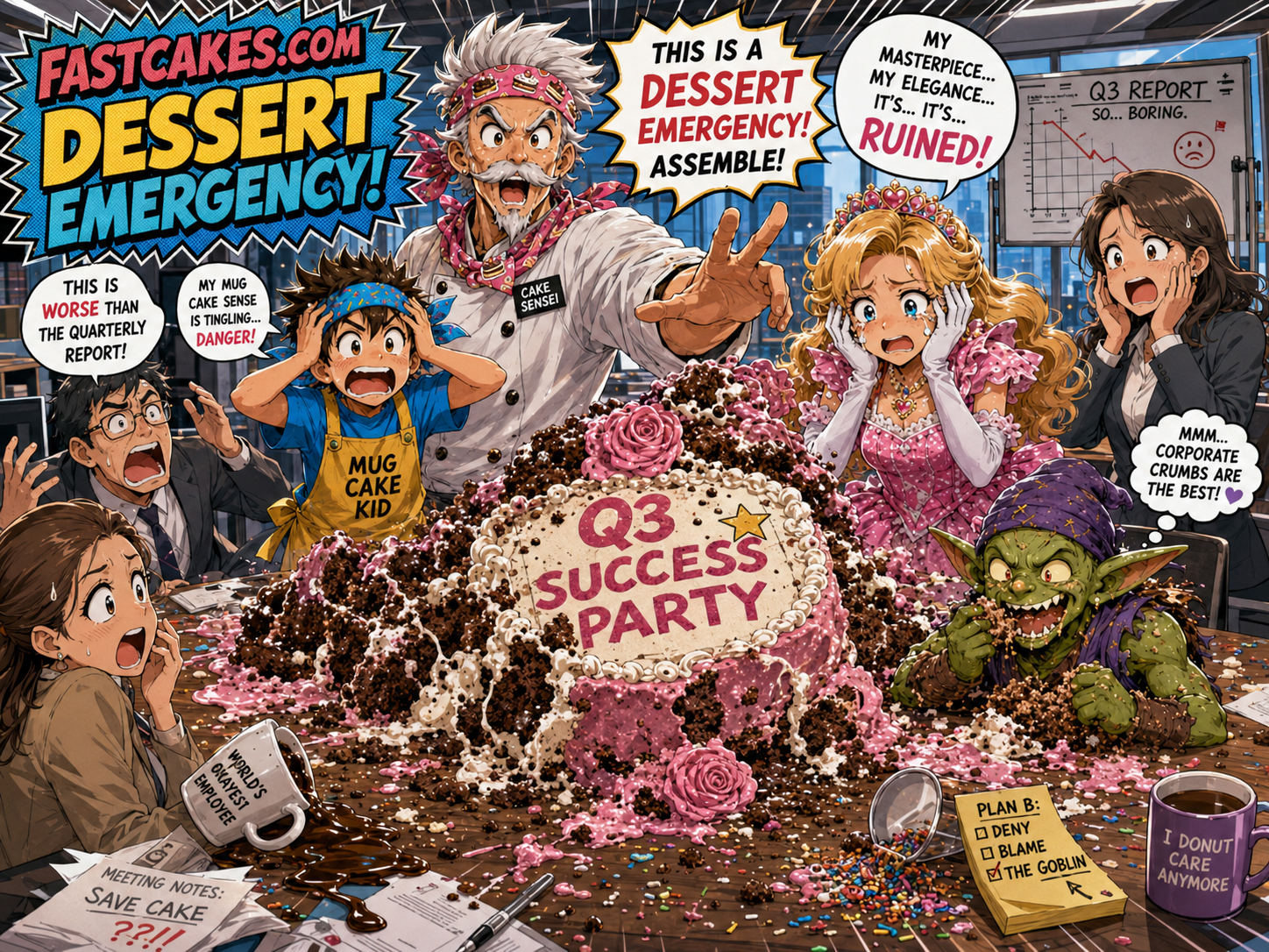Office cake disaster with coworkers panicking around dessert