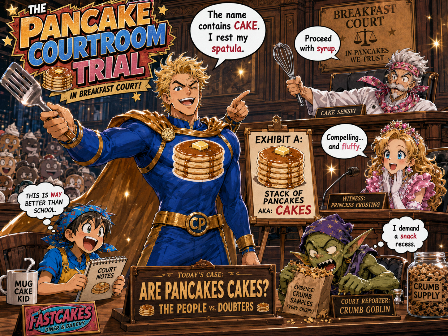 Funny pancake courtroom trial with breakfast evidence