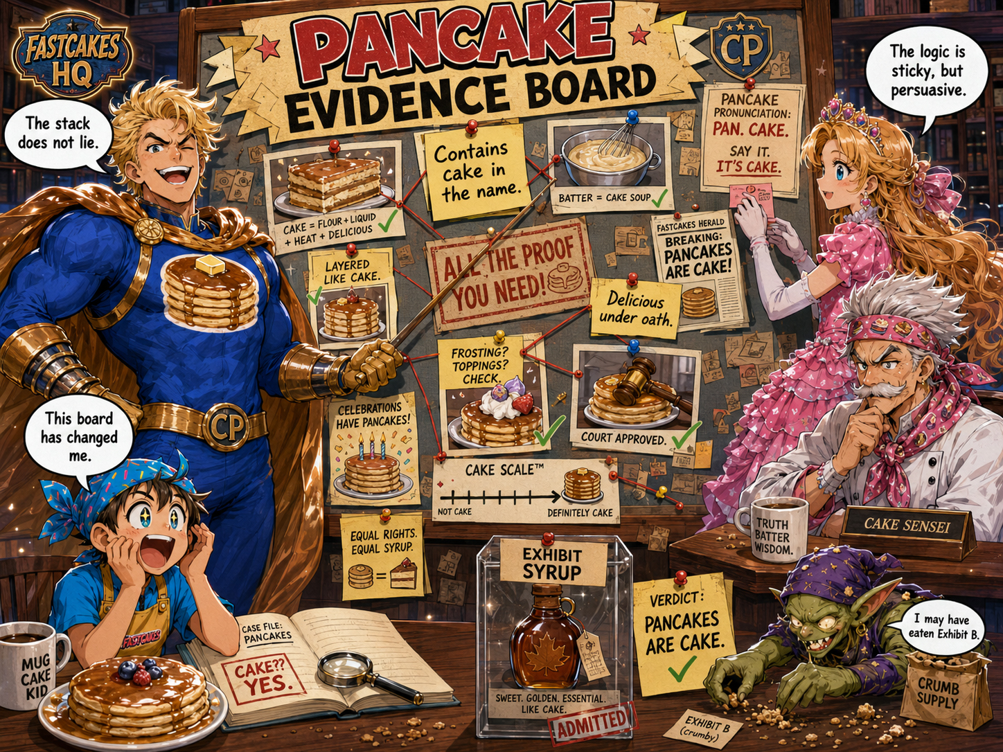 Pancake evidence board showing cake logic and syrup clues