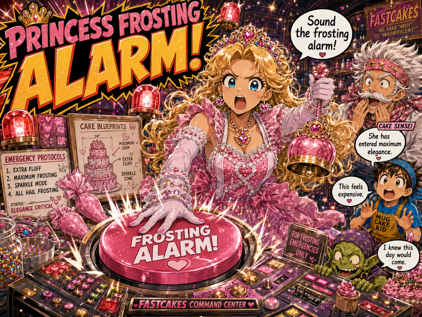 Princess Frosting sounding the emergency birthday cake alarm