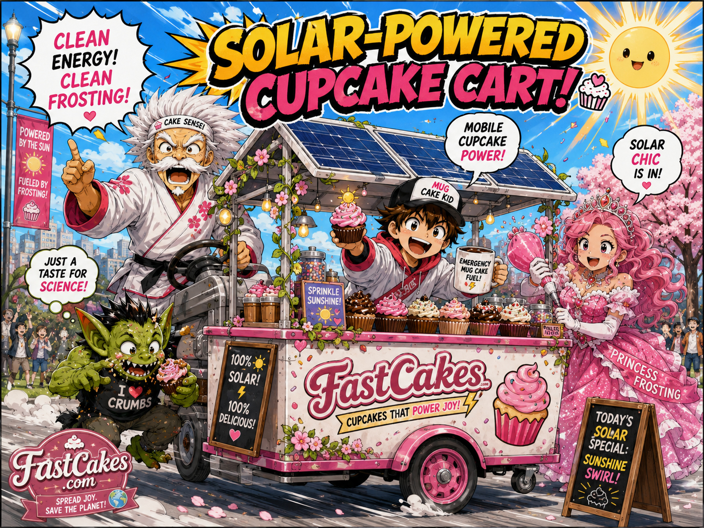 Solar-powered cupcake cart serving desserts with clean energy