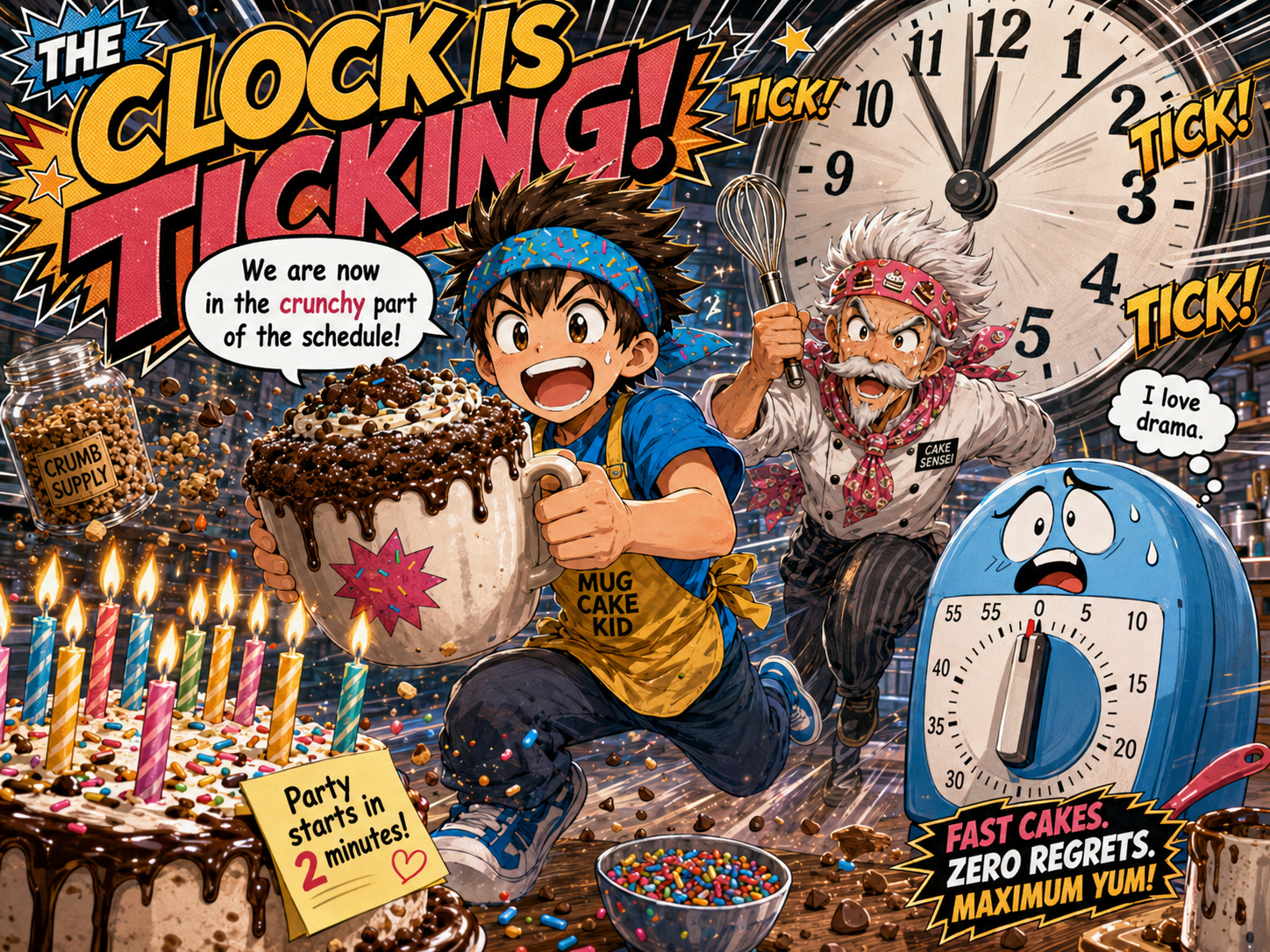 Cake characters racing against a dramatic dessert countdown clock