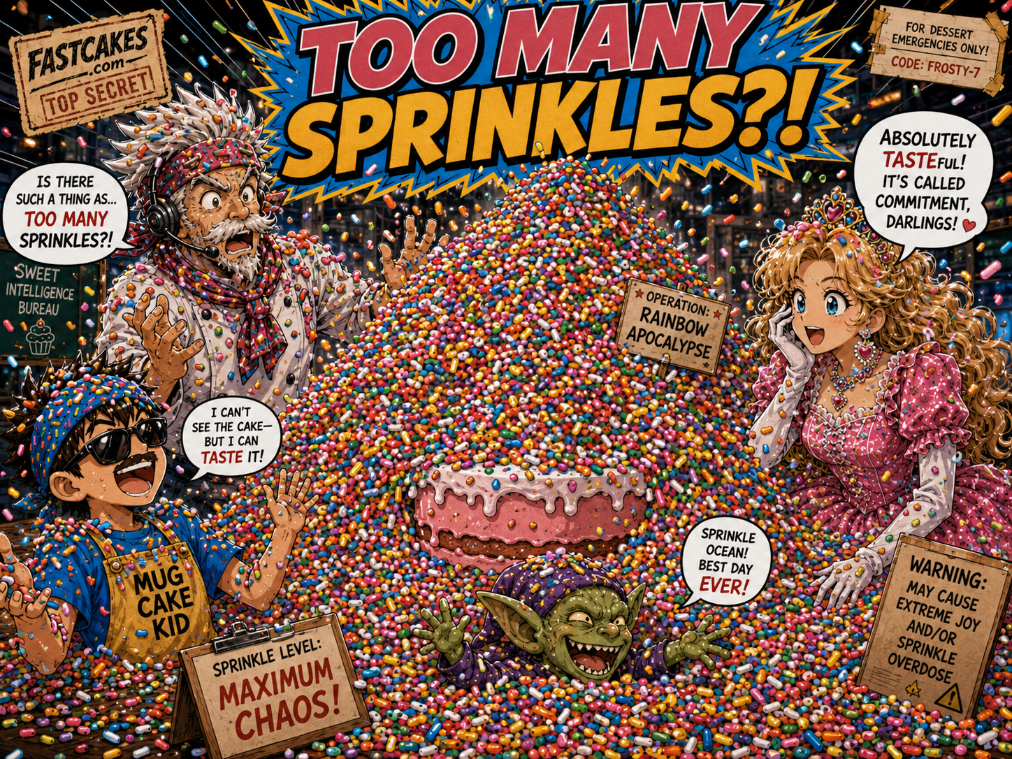 Too many sprinkles causing comic dessert chaos